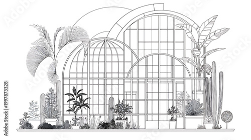 Botanical Garden Greenhouse Structure with Diverse Plant Life.