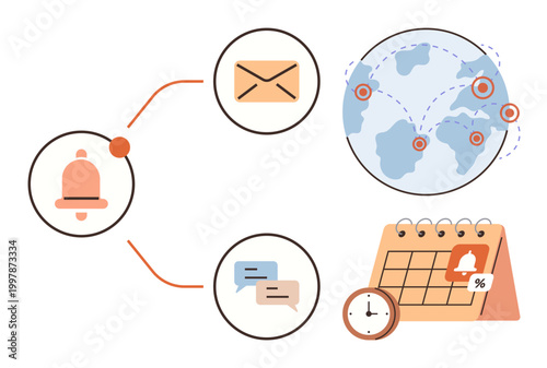 Global connectivity, email notifications, messaging apps, reminders, time management, and scheduling. Visual of a globe, calendar email and chat bubbles. Global connectivity and email notifications