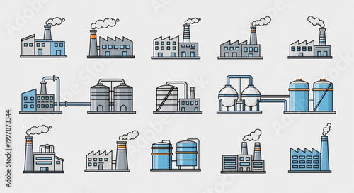 Collection of Industrial Factory Buildings with Smoke Stacks.