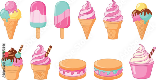 Colorful Ice Cream Illustration Set with Sweet Dessert Vector Collection