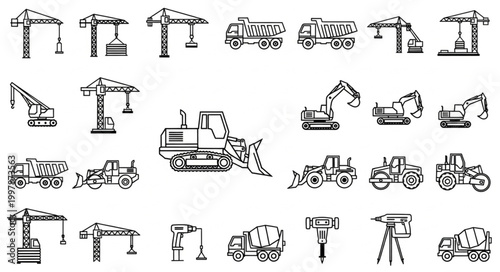 Collection of Hand Drawn Construction Vehicles and Equipment.