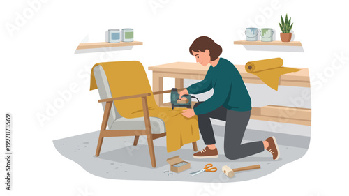 Woman using staple gun to reupholster yellow armchair in workshop