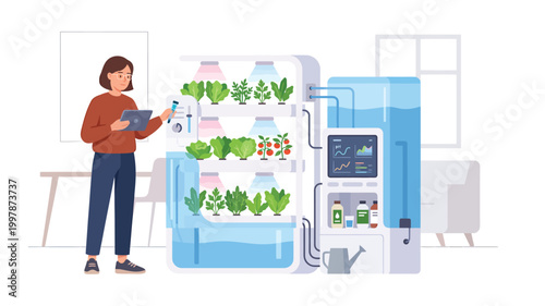 Woman using tablet to monitor indoor hydroponic garden system at home