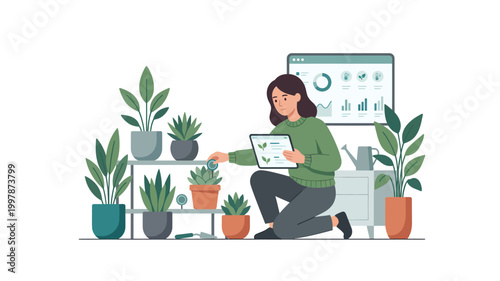Woman using tablet to monitor indoor plants with smart gardening technology
