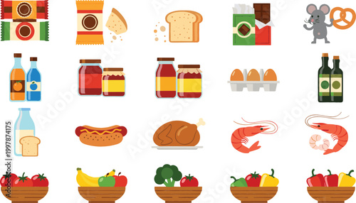 Food and grocery vector illustration set with bread, meat, vegetables, fruits and pantry items, colorful supermarket collection isolated on white background