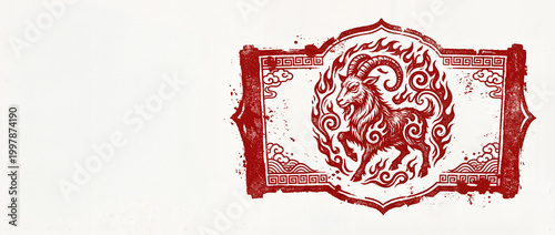 2027 Year of the Goat Chinese zodiac stamp style, red decorative emblem for Lunar New Year design wit copy space