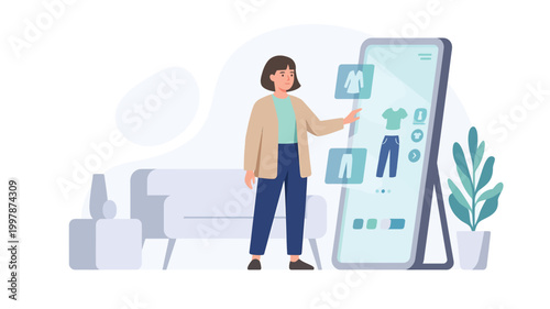 Woman using virtual fitting room smart mirror to select clothes online