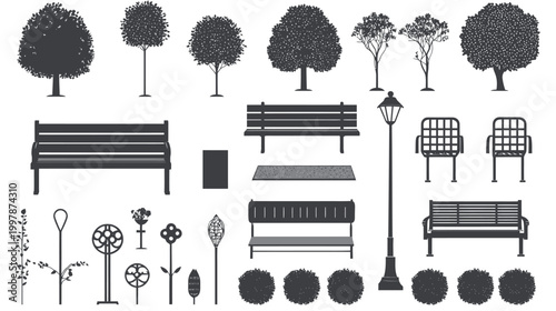 Collection of Park Elements and Outdoor Furniture Icons.