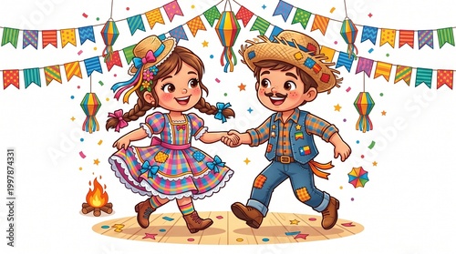 Happy São João Cartoon Couple Dancing Festa Junina Illustration Isolated