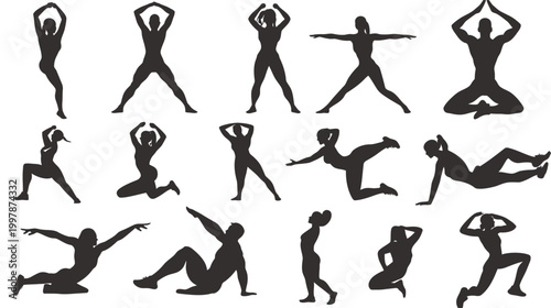 Collection of Silhouettes Representing Various Fitness and Yoga Poses.