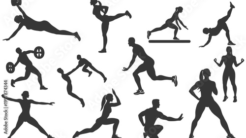 Collection of Silhouettes Representing Various Fitness Exercises and Poses.