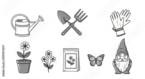 Gardening tools and elements illustration set.