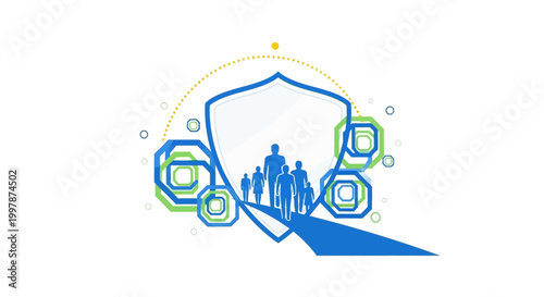 A blue shield with people inside and various icons around it.