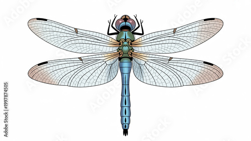 A macro closeup of a fragile green dragonfly insect with detailed wings isolated on a white background for a clean summer wildlife nature shot
