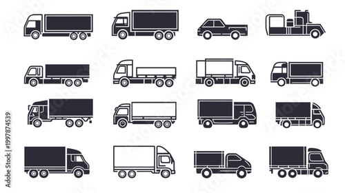 Collection of Various Truck Silhouettes for Logistics and Delivery.