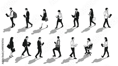 Diverse group of people walking and working with devices.