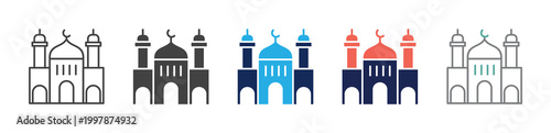 mosque icon set consisting of multiple styles. vector illustration