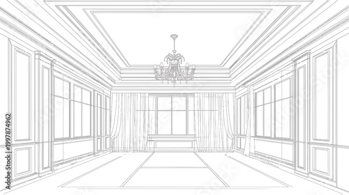 Elegant Interior Architectural Drawing of a Grand Ballroom.