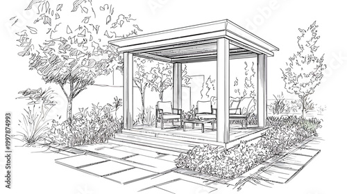 Elegant Pergola with Seating Area in a Garden Setting.