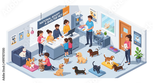 Isometric vector art showcases a bustling animal shelter on Adopt a Shelter Pet Day, where families interact with dogs and cats, surrounded by colorful illustrations and a welcoming