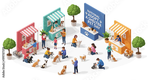 Isometric illustration depicts a National Adopt a Shelter Pet Day event, with people interacting with dogs and cats at adoption booths against a clean white background, promoting animal