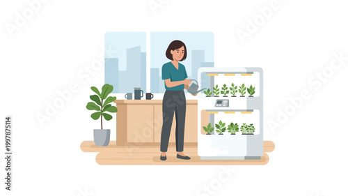 Woman watering plants in a modern indoor smart garden at home