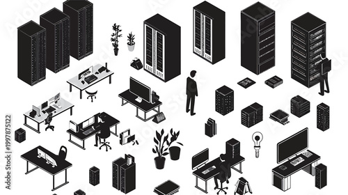 Isometric illustration of a modern office and server room setup.