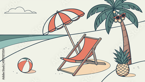 Fun pineapple with sunglasses and cocktail resting on sunny beach, summer vacation concept, colorful 3D render vector illustration.