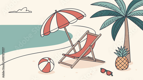 Cartoon pineapple character wearing sunglasses, enjoying drink on beach chair, summer holiday concept, clean 3D vector render.