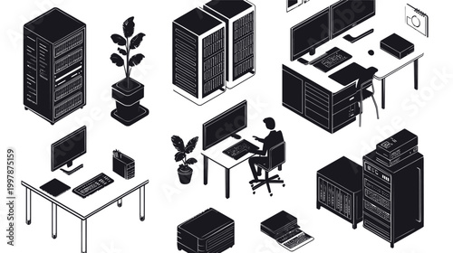 Isometric illustration of a modern office server room setup.