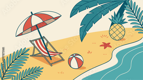 Pineapple wearing sunglasses relaxing on beach chair with cocktail drink, summer holiday concept, high-quality 3D render vector illustration.