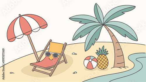 Pineapple character wearing sunglasses relaxing on beach chair with cocktail drink, vibrant tropical summer 3D vector illustration.