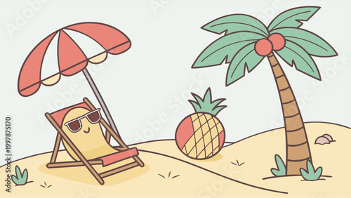 Tropical summer scene with pineapple wearing sunglasses and holding cocktail on beach, bright 3D render vector illustration.