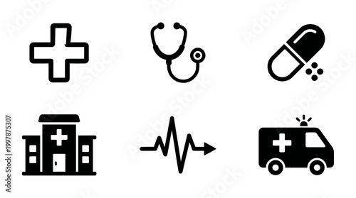  Set of 6 healthcare and medical icons in flat style. Contains medical cross, stethoscope, capsule pill, hospital building, heartbeat, and ambulance. Ideal for clinic, pharmacy, and health app design.
