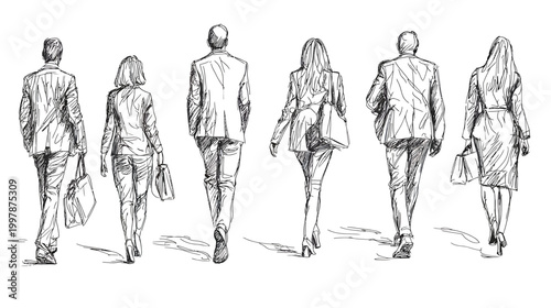 Sketch of Business People Walking Away from Viewer.