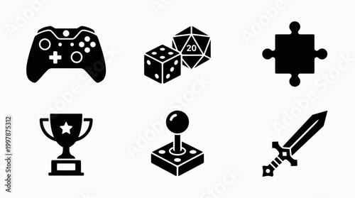 Untitled Set of 6 gaming and esports icons in flat black style. Features gamepad, dice, puzzle, trophy, joystick, sword. Perfect for game app, streaming, and gamer community design.