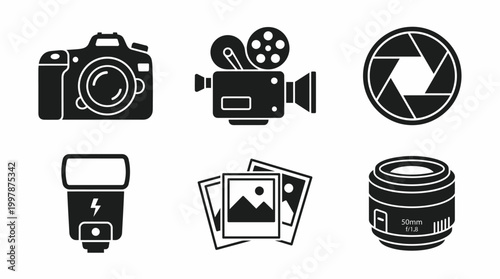 UntitledSet of 6 photography and camera equipment icons in flat black style. Includes DSLR camera, video camera, aperture, flash, photo, lens. Ideal for photographer, studio, and creative app design.