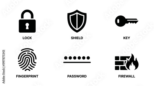 Untitled Set of 6 security and privacy icons in flat black design. Includes lock, shield, key, fingerprint, password, firewall. Perfect for cybersecurity, data protection, and authentication app.