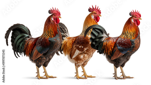 A colorful domestic rooster with a red comb and vibrant feathers stands isolated on a white background, representing a proud farm bird and poultry livestock in a rural agriculture setting