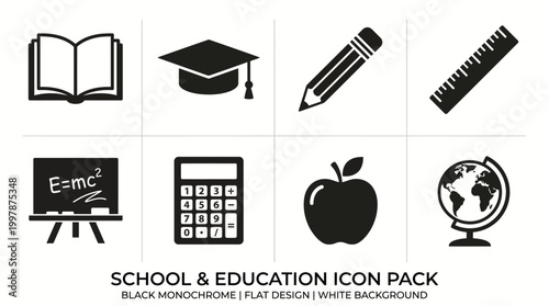 UntitledSet of 8 school and education icons in black monochrome style. Features book, graduation cap, pencil, ruler, blackboard, calculator, apple, globe. For e-learning, school, and academic project.