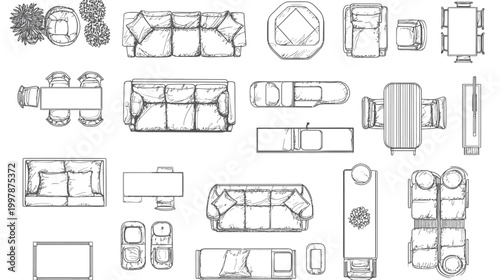 Top Down View Furniture Collection Architectural Drawings.