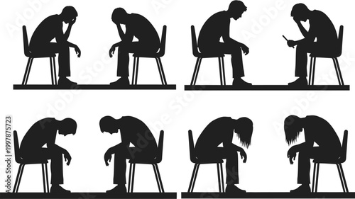 silhouette of people sitting in chairs expressing sadness and despair