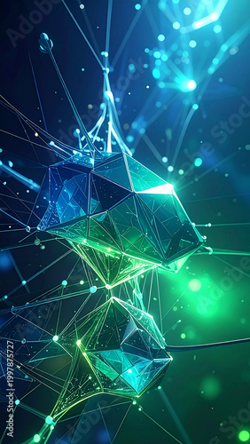 Abstract digital network of interconnected crystalline nodes and light
