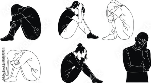 People in distress black and white line art illustration