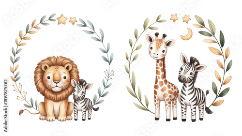 A cute cartoon illustration of a wild lion and lioness with a tiger and baby giraffe as funny animal characters in a big jungle safari vector art