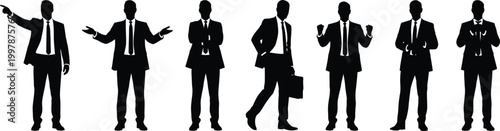 Business people silhouettes in suits various poses against white background