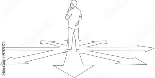 Line drawing of man at crossroads with multiple arrows