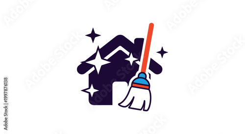 Cleaning service logo with house and brush.