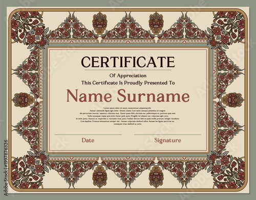 Vintage Floral Certificate Template with Balinese and Javanese Ornaments and Barong Mask