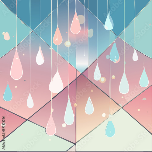 Abstract geometric background with pastel raindrop shapes and shimmering highlights